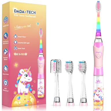 Elektrische Zahnbürste Kinder, Kinderzahnbürste Elektrisch ab 3-6-8-12 Jahre mit buntem Regenbogen-LED-Licht Integrierter Timer 90% abgerundeten Borsten Schallzahnbürste für Kleinkind (Einhorn Rosa)