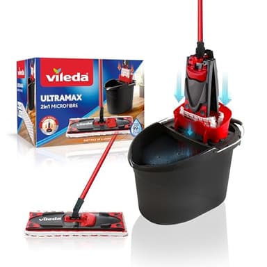 Vileda Ultramax 2in1 Bodenwischer Komplett Set, Wischmopp mit Stiel, Mikrofaserbezug und Eimer mit Powerpresse, für alle Hartböden