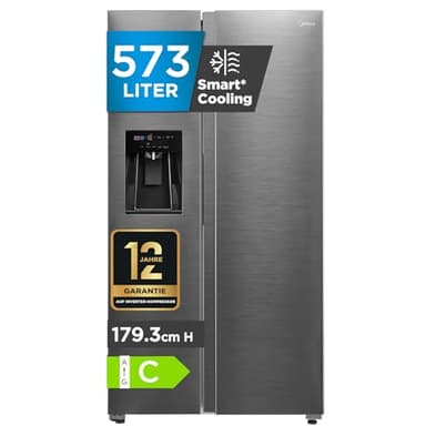 Midea MDRS761MYC46 Side-by-Side Kühl-/Gefrierkombination/No Frost/3in1 Wasser-/Eisspender und Wassertank/Dual Inverter Compressor/179,3 cm Höhe/ 208 kWh/Jahr/Rostfreier Stahl