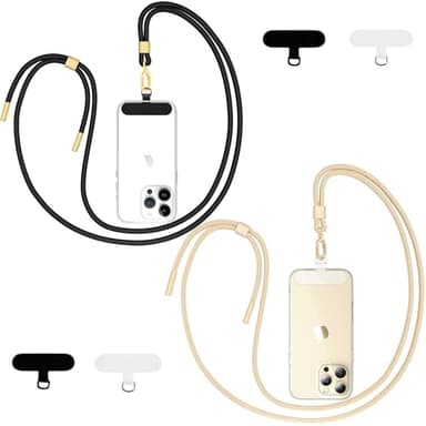 Qyoocom Handykette Universal für alle Smartphones,2 Stück Schlüsselband Kette zum Umhängen mit 4 Universelles Pad,Einstellbar und Abnehmbar. (Schwarz+Gold)