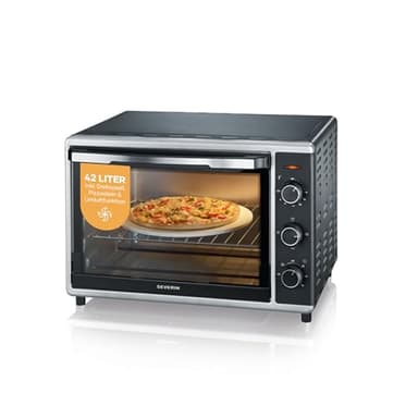 SEVERIN Back- und Toastofen mit Umluftfunktion, Mini Backofen mit Grillrost, Backblech, Drehspieß und Pizzastein, vielseitiger Heißluftofen mit 42 L Kapazität, 1.800 W, schwarz, TO 2058