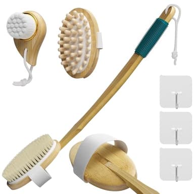 Bambus Badebürsten set | Lange Griffe mit 2 abnehmbare Bürstenkopf Borsten/Holzpartikeln | Tropfenförmige Wollbürste