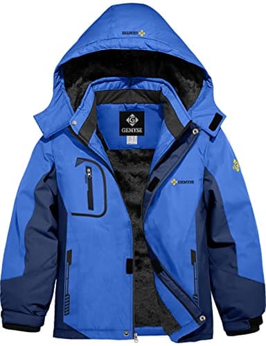 GEMYSE Jungen Skijacke Wasserdichte Winddichte Winterjacke Warm Gefütterte Kinder Schneejacke mit Kapuze für Outdoor(Blaue Marine,152-158)