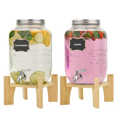 8 Liter 2er-Pack Getränkespender Mit Rostfreiem Wasserhahn, Getränkespender Aus Glas Für Partys,Getränkespender Mit Wasserhahn Und Bambusständer,Wasserkrug Mit Wasserhahn Für Hochzeiten,Geburtstage