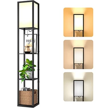 Omdekor Stehlampe mit Regal aus Holz, Stehlampe Wohnzimmer mit 3 Farbtemperatur, Stehleuchte 1.62M mit Lampenschirm, Moderne Schwarz Standleuchte mit 3 Holzregale für Whonzimmer Schlafzimmer Büro