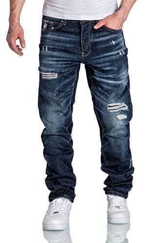 Amaci&Sons Herren Jeans Regular Straight Fit Denim Hose Destroyed 7984 Dunkelblau (Patches) W36/L34