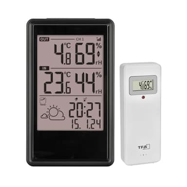 TFA Dostmann Wetterstation Funk mit Außensensor ETNA, 35.1173, Thermometer/Luftfeuchtigkeit innen außen, inkl Funkuhr, Wettervorhersage mit Symbolen, Raumklimakontrolle, digital, gut ablesbar, schwarz