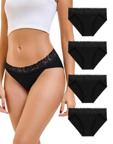 INNERSY Unterhosen Damen Schwarz Spitze Baumwoll Unterwäsche Slip Hoher Beinausschnitt 4er Pack (S, 4 Schwarz)