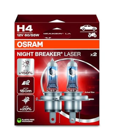 Osram NIGHT BREAKER LASER H4, +150% mehr Helligkeit, Halogen-Scheinwerferlampe, 64193NL-2HB, 12V PKW, Hängebox (2 Lampen)