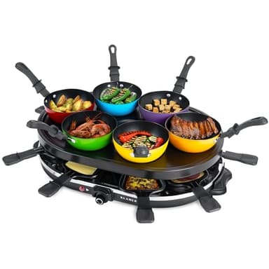 KLAMER Raclette-Wok 1200 W – Raclette Grill mit 6 Wokpfännchen & 8 Raclettepfännchen, Antihaftbeschichtung, stufenloser Temperaturregler, inkl. Holzspatel & digitalem Rezeptbuch