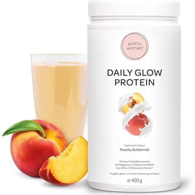 pretty woman® Daily Glow Eiweiss Protein Pulver für Frauen „Peachy Buttermilk“ 420 g/Low Carb Shake mit Vitaminen & Mineralien, Biotin & Folsäure - nur 0,5g Zucker pro Portion