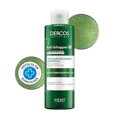 Vichy Dercos Anti-Schuppen K, Tiefenreinigendes Shampoo für fettige und empfindliche Kopfhaut, Bei hartnäckigen Schuppen und Ablagerungen, Keratolytische und antimikrobielle Wirkung, 250 ml