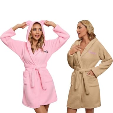 Personalisierte Damen Bademantel Rosa Kamel Benutzerdefinierte Weiche Warme Flanell Bestickt Name Morgenmantel Frauen -Personalisierte Bademantel Geschenk Für Frauen S-2Xl
