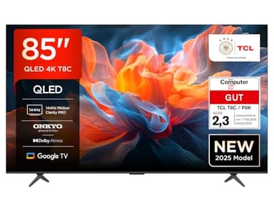 TCL 85T8C 85 Zoll QLED 4K HDR Ultra HD Fernseher, Smart TV mithilfe von Google TV (Dolby Vision Atmos, 144Hz Motion Clarity Pro, Game Bar, ALLM, FreeSync, Onkyo 2.1 Sound,Sprachsteuerung)