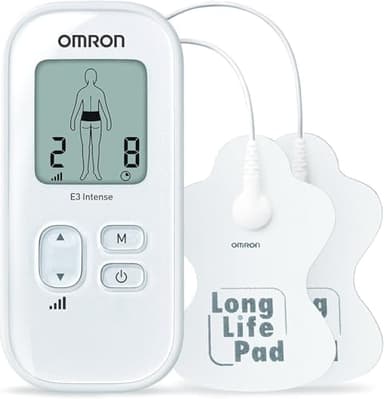 Omron E3 Intense TENS-Gerät – Anpassbare Schmerztherapie mit 6 Programmen, 3 Massage Programmen, 15 Intensitätsniveaus und langlebigen, wiederverwendbaren und waschbaren Pads