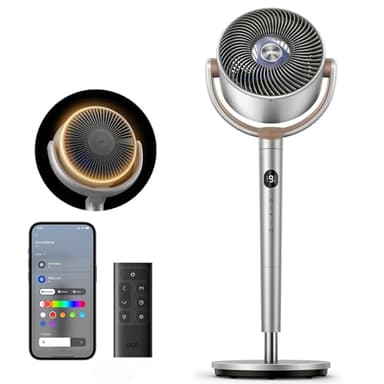 Dreo Smart Standventilator mit RGB Light, 120° +120° Oszillierender Ventilator mit Fernbedienung, 20dB Leiser Bodenventilator für Schlafzimmer, 8H Timer, Silber