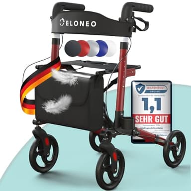 ELONEO Rollator faltbar und leicht mit Sitz, Leichtgewicht-Reiserollator aus Aluminium, Gehhilfe 8-fach höhenverstellbar, Laufhilfe 3-fach faltbar für Kofferraum, Tasche & Schirmhalter Rot