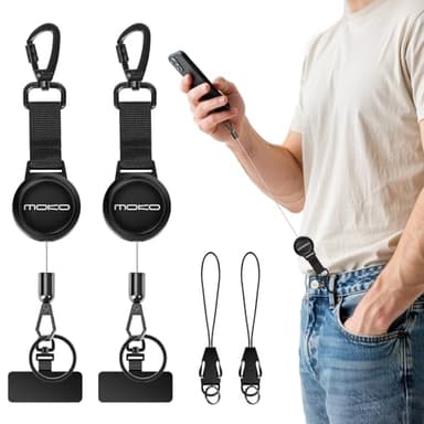 MoKo 2 Pack Anti-Diebstahl Handy Lanyard, Retraktierbares Telefonband mit Stahlseil, Karabiner und 360° Metallhalter, für Outdoor Wandern Klettern Angeln, Schwarz