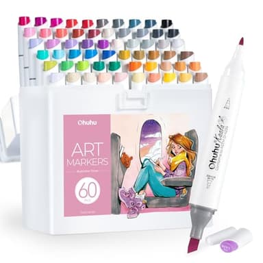 Ohuhu Marker, 60 Farben Doppelspitze Alkohol Marker(Schlank Breit und Fein) + 1 Blender - Nahtloses Mischen, Tinte Nachfüllbar für Künstler Färbung Zeichnung Cartoon Anime Comic - Kaala Serie