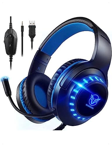 Pacrate Gaming Headset für PS4/PS5/Xbox One/PC/Nintendo Switch, PS4 Kopfhörer mit Kabel Xbox Headset mit Mikrofon, Noise Cancelling PS5 Headset mit LED Lichter - Blau