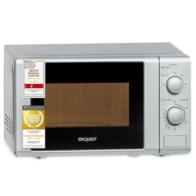 Exquisit Mikrowelle 20L, 700 Watt, Einfache Bedienung, 25,5cm Drehteller, 5 Leistungsstufen, Timer, Auftaufunktion, 2 Drehregler, MW 802 silber
