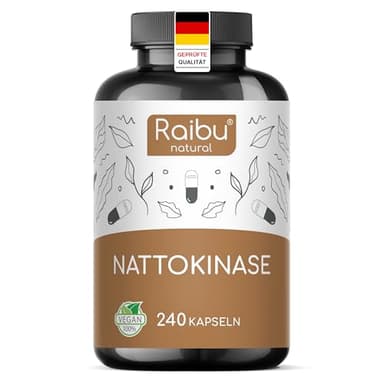 Nattokinase Kapseln hochdosiert 240 Kapseln je 100 mg (20.000 FU/g) - 8 Monatsvorrat, Laborgeprüft, Vegan - Ohne unerwünschte Zusätze - Raibu