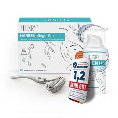 BS Luxry® Narbenpflege-Set – 30 g Narbensalbe & kühlbarer Narbenroller – 3-fach Pflegewirkung zur intensiven Narbenpflege & Hautglättung – Für Narben, Dehnungsstreifen & empfindliche Haut
