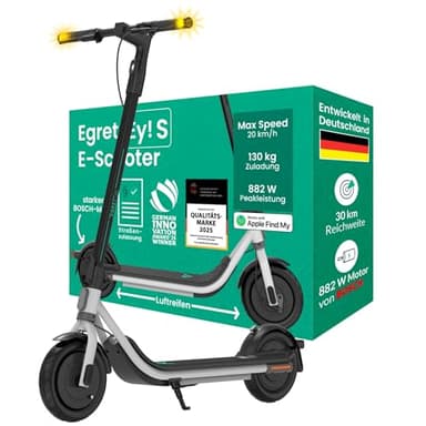 Egret Ey! S E-Scooter mit Straßenzulassung | ≤30 km Reichweite, 882 W Bosch Motor, 18kg leicht, Apple Find My, Luftreifen, 23% Steigung, max. 130 kg, 20km/h, Dual Bremsen, App