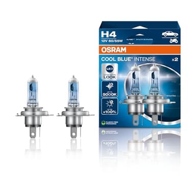 Osram COOL BLUE® INTENSE H4, +100% mehr Helligkeit, bis zu 5.000K, Halogen-Scheinwerferlampe, LED-Look, Hängebox (2 Lampen)