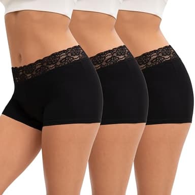 INNERSY Boxershorts Damen Schwarz Unterhosen mit Bein Baumwolle Spitze Hipster Pantys 3er Pack(M, 3 Schwarz)