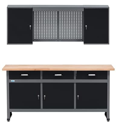 Küpper Werkstatt Set 70421-9, Werkstatteinrichtung Werkbank 170 cm mit Vollbuchenplatte, Hängeschrank (Schwarz)
