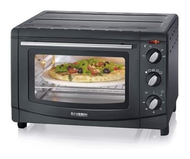 SEVERIN Back- und Toastofen mit Umluftfunktion, Mini Backofen mit Grillrost, Backblech, Drehspieß und Pizzastein, vielseitiger Heißluftofen mit 20 L Kapazität, 1.500 W, schwarz, TO 2068