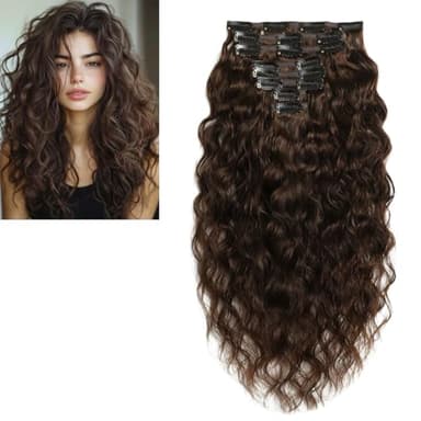 Larafona Clip in Extensions Großes Lockiges Echthaar Haarverlängerung, Mittel Braun 4# 100% Remy Natürliche Welle Human Hair Weave with Clips 16inch/40cm