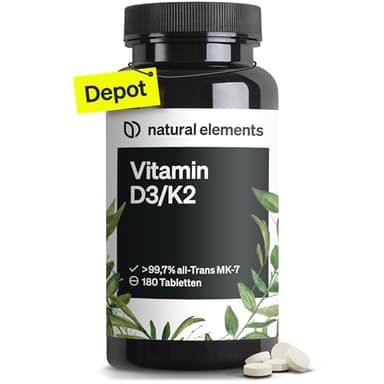 natural elements Vitamin D3 + K2 Depot – 180 Tabletten – Premium-Qualität: K2VITAL® von Kappa – 99,7+% All-Trans K2-MK7 + 5000 IE Vitamin D3 – hochdosiert, ohne Zusätze – laborgeprüfte Qualität