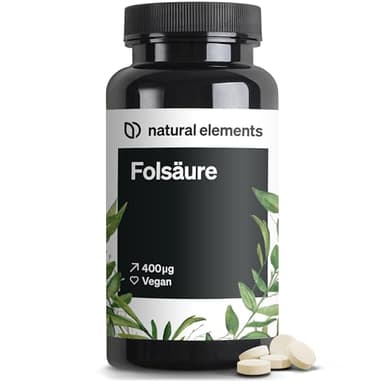 natural elements Folsäure – 400 Tabletten – 400 mcg pro Tagesdosis – Kinderwunsch und Schwangerschaft – vegan, hochdosiert, ohne unnötige Zusätze – in Deutschland produziert & laborgeprüft