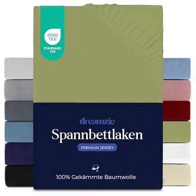 Dreamzie Premium Spannbettlaken 90x200 cm, Bettlaken 100% Jersey Baumwolle, Spannbetttuch für Dicke Matratzen bis zu 22 cm, 150 g/m², Oeko-TEX Zertifiziert - Anis