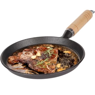 Itoyx Gusseisenpfanne Induktion Grillpfanne 20cm mit Holzgriff, runde Gusseisenpfanne, kleine Gusseisen-Grillpfanne für Steak, Pfannkuchen und Gemüse, induktions- und gasgeeignet, Camping-Pfanne