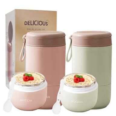 Chedin Müslibecher To Go mit Deckel, Edelstahl Porridge Becher 730ml Auslaufsicher joghurtbecher to go mit löffel und Deckel,Doppelschicht Auslaufsicherer Einmachgläser perfekt für Arbeit (Rosa+Grön)
