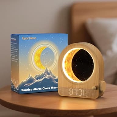 Epochleno Sonnenaufgang Licht Wecker, Schlafzimmer Wecker mit weißem Rauschen und Mondlicht, 10 Töne & Countdown Funktion & einstellbare Helligkeit - Holzmaserung