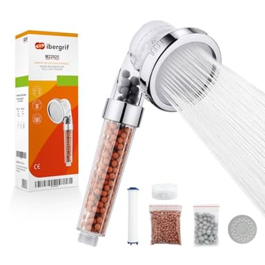 Ibergrif Duschkopf mit Filter – Wassersparende Hochdruck-Handbrause mit 3 Strahlarten, 3-Schichten-Filtration gegen Chlor, Bakterien & Kalk, Antikalk-Funktion, Chrom – Für Hartes Wasser, M22025