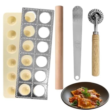 5-teiliges Ravioli Maker Ravioli Former, stellt 12 Stück gleichzeitig her, mit Nudelholz, Teigschaber, Ausstecher und Alu-Form für frische Pasta, Gyoza, Pelmeni, Teigtaschen mit Antihaftbeschichtung