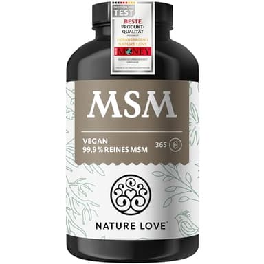 NATURE LOVE® MSM Kapseln - 365 Kapseln - 99,9% Reinheit - Hochdosiert mit 1600mg MSM Pulver je Tagesdosis - Optimal Bioverfügbar - Vegan, Laborgeprüft und in Deutschland hergestellt