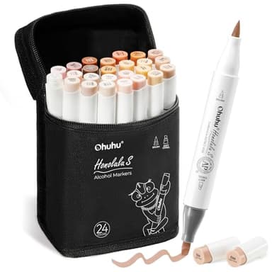 Ohuhu Marker, 24+1 Hautton Pinsel und weicher Meißel Doppelte Spitzen Nahtloses Mischen Nachfüllbare Tinte Alkohol Marker für Künstler Erwachsene Färbung Illustrationen Skizzieren - Honolulu S