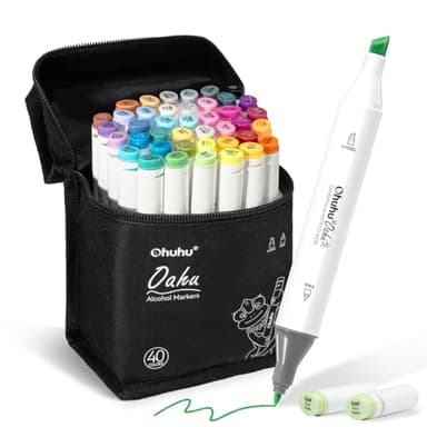 Ohuhu Alkohol Marker – 40 Farben mit Breit & Feinspitze Doppelspitziges Profi-Set für Zeichnen Skizzieren & Illustrieren, AP-zertifiziert & nachfüllbar