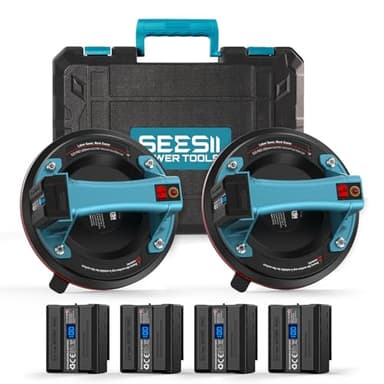 Seesii Akku Saugheber für Fliesen 2er-Set, 200mm Fliesenheber Saugheber Elektrischer mit 4x 2400mAh Akkus, LCD-Anzeige, Tragkraft Max.270KG, Vakuumheber Saugnäpfe für Terrassenplatten, Gas, Marmor