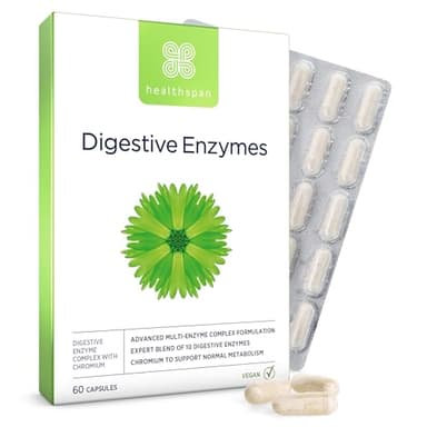 Healthspan Verdauungsenzyme | Natürliche Unterstützung für eine gesunde Verdauung und Nährstoffaufnahme | Hochwertige Enzymmischung | Mit Chrom für den Makronährstoffwechsel | Vegan | 60 Kapseln