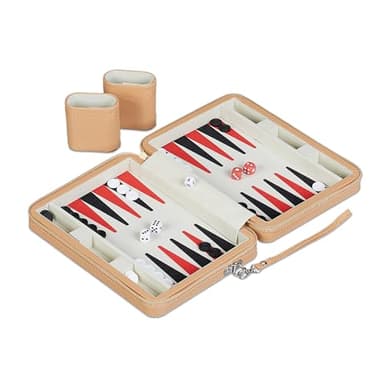 Relaxdays Backgammon, Reisespiel mit Tasche, inkl. Zubehör, HxBxT: 5,5 x 24 x 18 cm, Lederoptik, Brettspiel, hellbraun