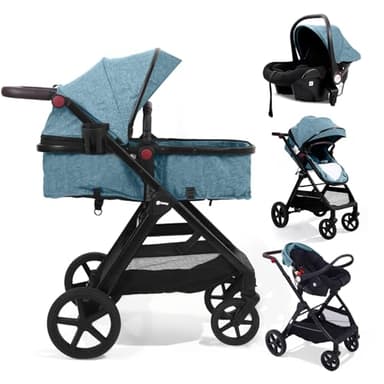 Sekey Kombi Kinderwagen Baby 3 in 1 Komplettset mit Regenschutz und Moskitonetz, Kinderwagen mit Liegefunktion bis 25kg, 0 bis 4 Jahre, 4-Rad-Federung, 5 Punkt-Gurt mit Reflektor, BW600, Blau/Schwarz