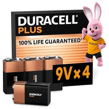 Duracell Plus 9V Blockbatterie, 4 Stück, 9 Volt Batterie ideal für Rauchmelder, Feuermelder