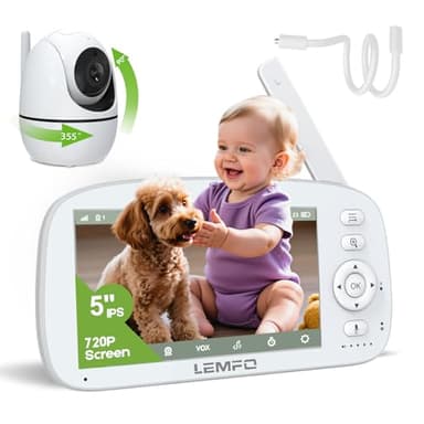 LEMFO Babyphone mit Kamera Ohne WLAN 5" 720P IPS Video, 5000mAh Babyfon Mit Kamera Akku IR-Nachtsicht, Geräusch-/Temperaturerkennung, Zwei-Wege Audio, 293m Hohe Reichweite, Plug & Play/Wiegenlieder